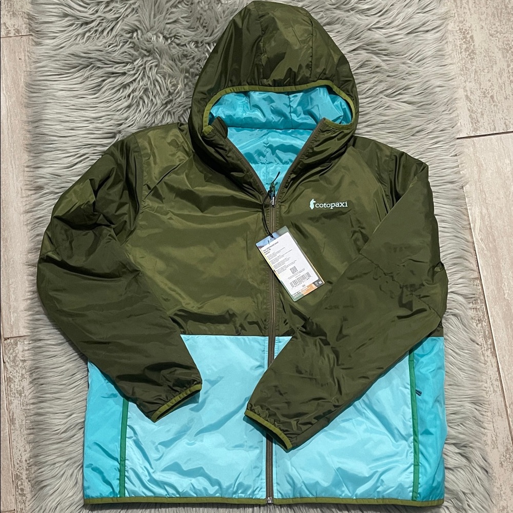 Cotopaxi Olive and Aqua Hooded Jacket